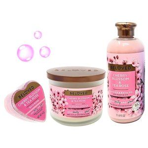 Beloved Cherry Blossom and Tea Rose 2-Wick Candle, Bath Bomb and Bath and Shower